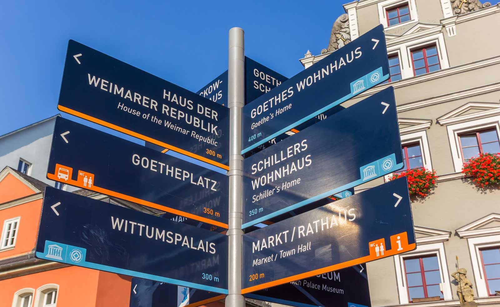 Wegweiser zu historischen Stätten in Weimar